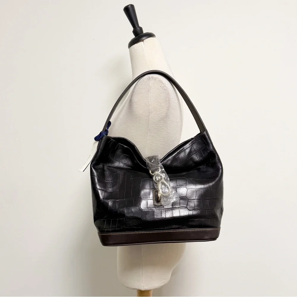 Dooney Bourke Black Brown Leather Croc Embossed Lobster Clasp Hobo Makeup Bag